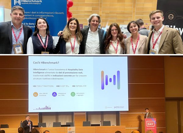 HBenchmark-Hospitality-Day-2026-team-speech Il team HBenchmark al desk di Hospitality Day 2026 e lo speech di Mario Romanelli e Gabriels Viskars al Palacongressi di Rimini