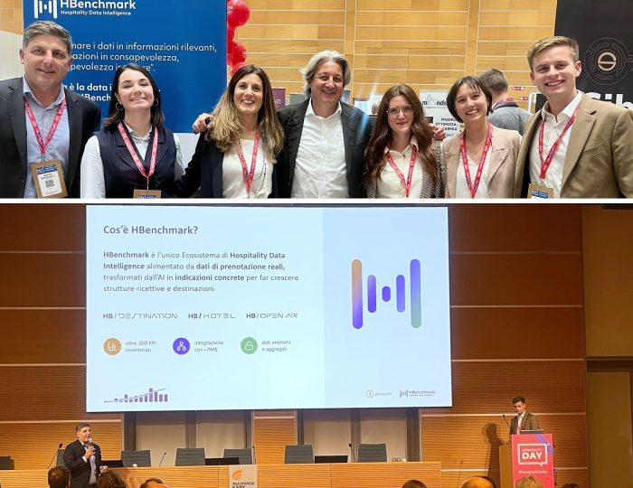 Il team HBenchmark al desk di Hospitality Day 2026 e lo speech di Mario Romanelli e Gabriels Viskars al Palacongressi di Rimini